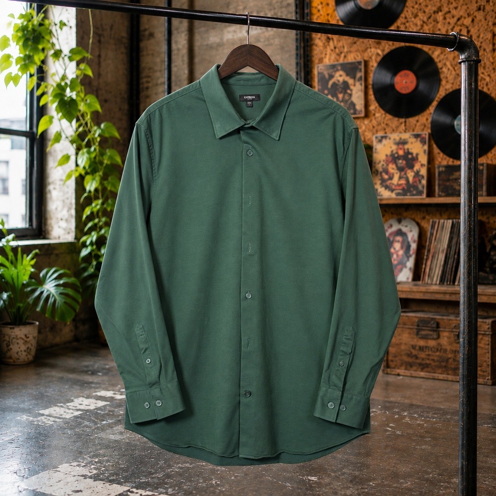 Express Mens Long Sleeve Button Up Shirt Forest Green Solid Cotton Size L